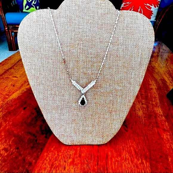 S.P.BC Lind Jewelry - Vintage Icy Rhinestone Necklace Black Pear Shape Center Cabochon w/ Pave Stones